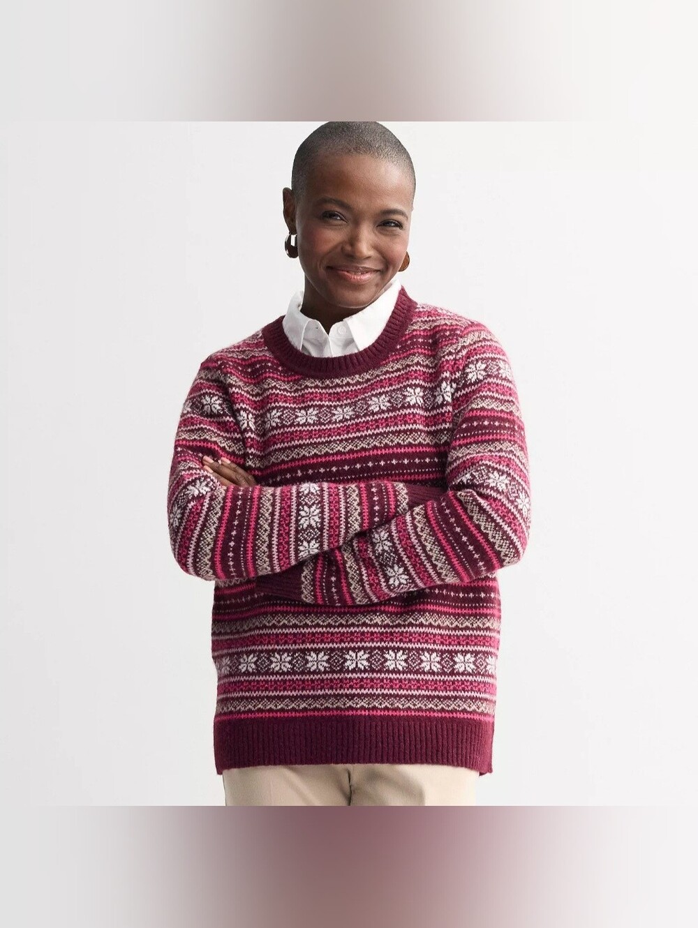 croft & barrow Maroon and Pink Fair Isle Crewneck Sweater